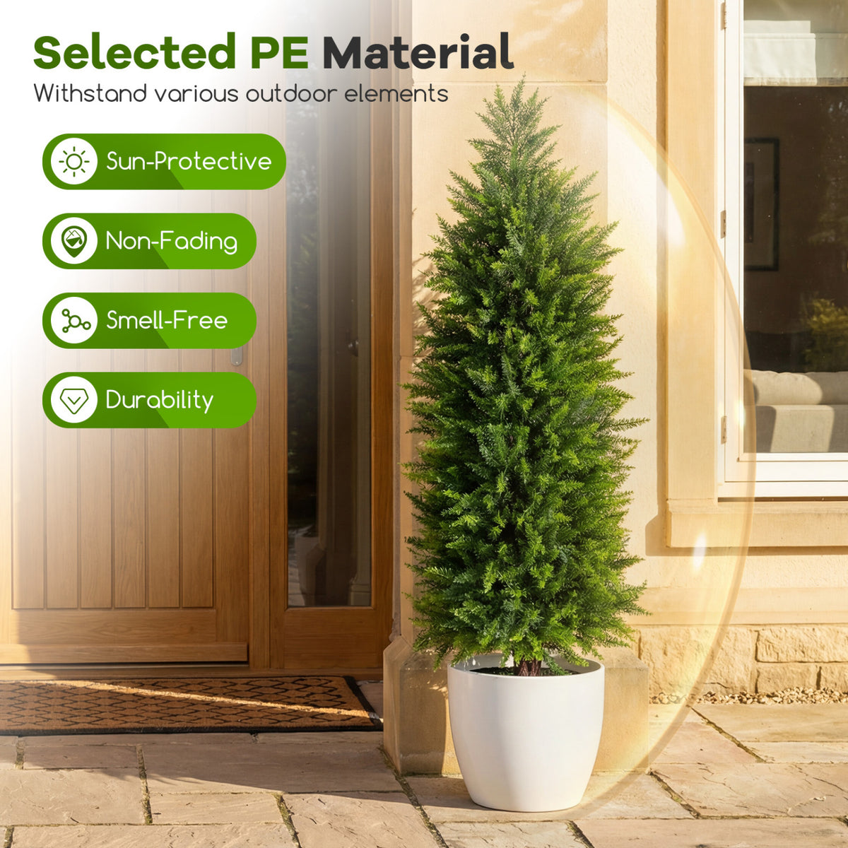 Artificial Topiary Tree Set of 2 in Cement Pots - Green Faux Cedar Cypress