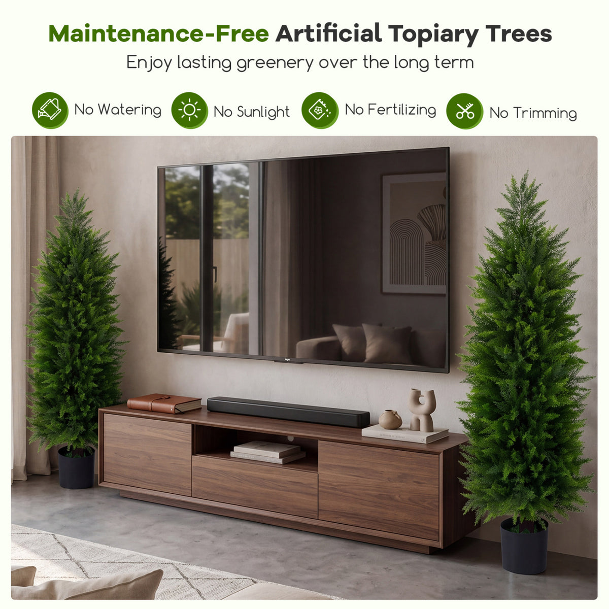 Artificial Topiary Tree Set of 2 in Cement Pots - Green Faux Cedar Cypress