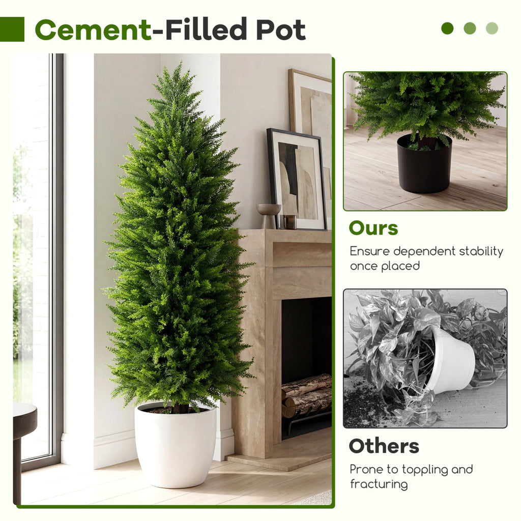 Artificial Topiary Tree Set of 2 in Cement Pots - Green Faux Cedar Cypress