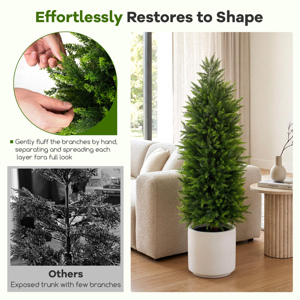 Artificial Topiary Tree Set of 2 in Cement Pots - Green Faux Cedar Cypress