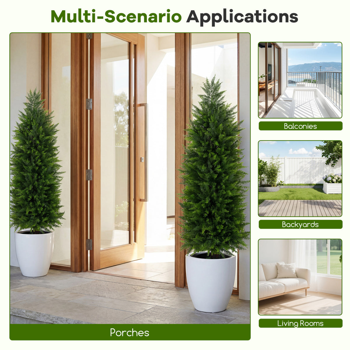Artificial Topiary Tree Set of 2 in Cement Pots - Green Faux Cedar Cypress