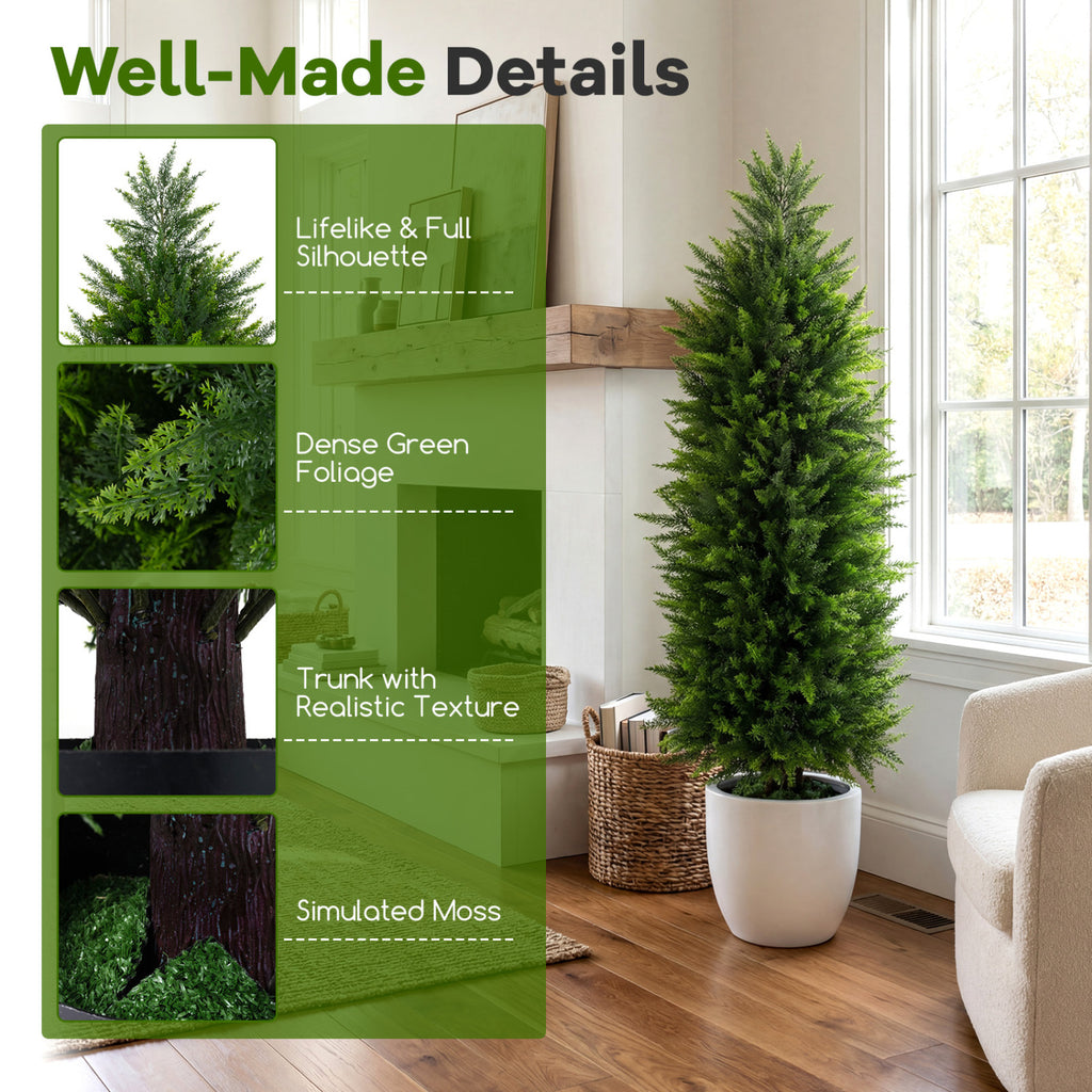 Artificial Topiary Tree Set of 2 in Cement Pots - Green Faux Cedar Cypress