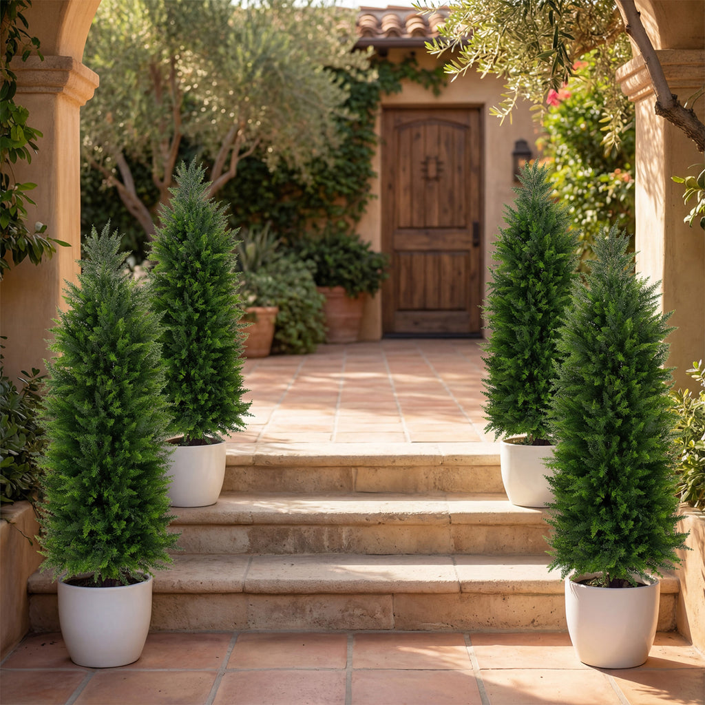 Artificial Topiary Tree Set of 2 in Cement Pots - Green Faux Cedar Cypress