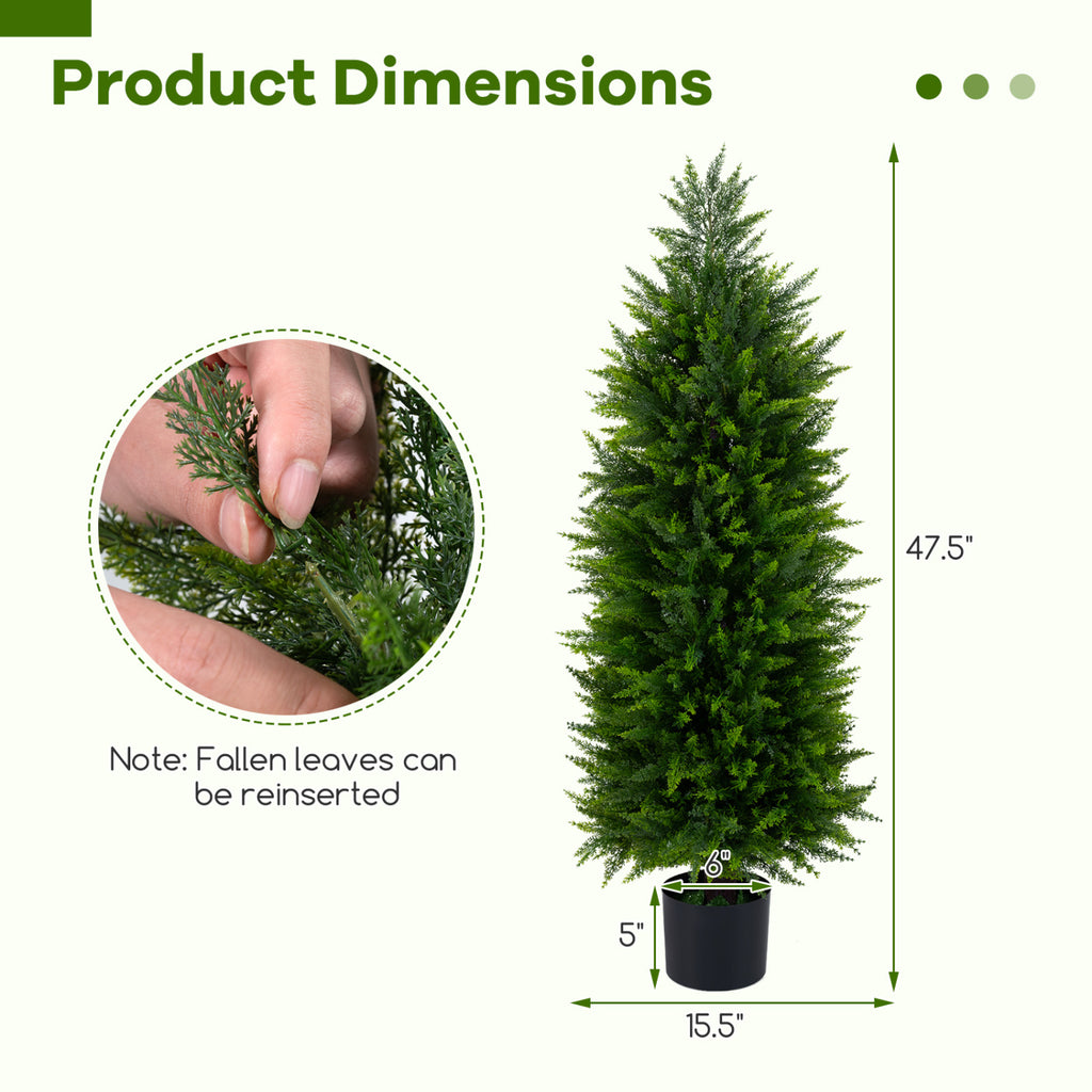 Artificial Topiary Tree Set of 2 in Cement Pots - Green Faux Cedar Cypress