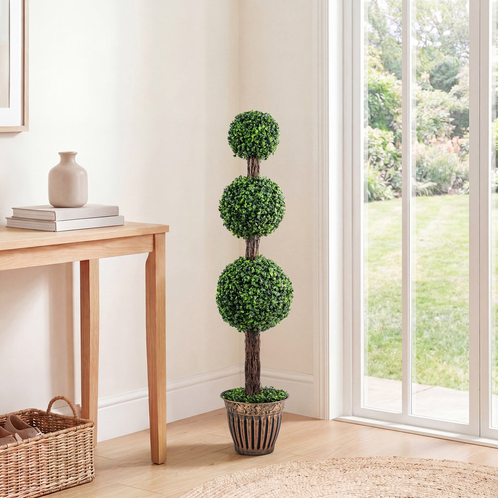 Artificial Triple Ball Boxwood Tree with Cement Planter - Green, 4 ft