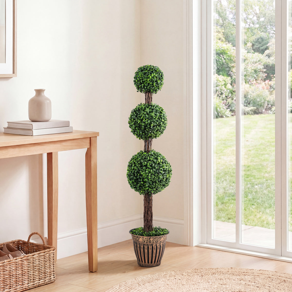 Artificial Triple Ball Boxwood Tree with Cement Planter - Green, 4 ft