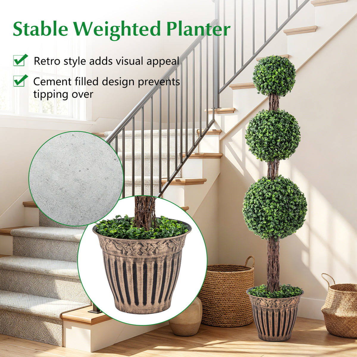 Artificial Triple Ball Boxwood Tree with Cement Planter - Green, 4 ft