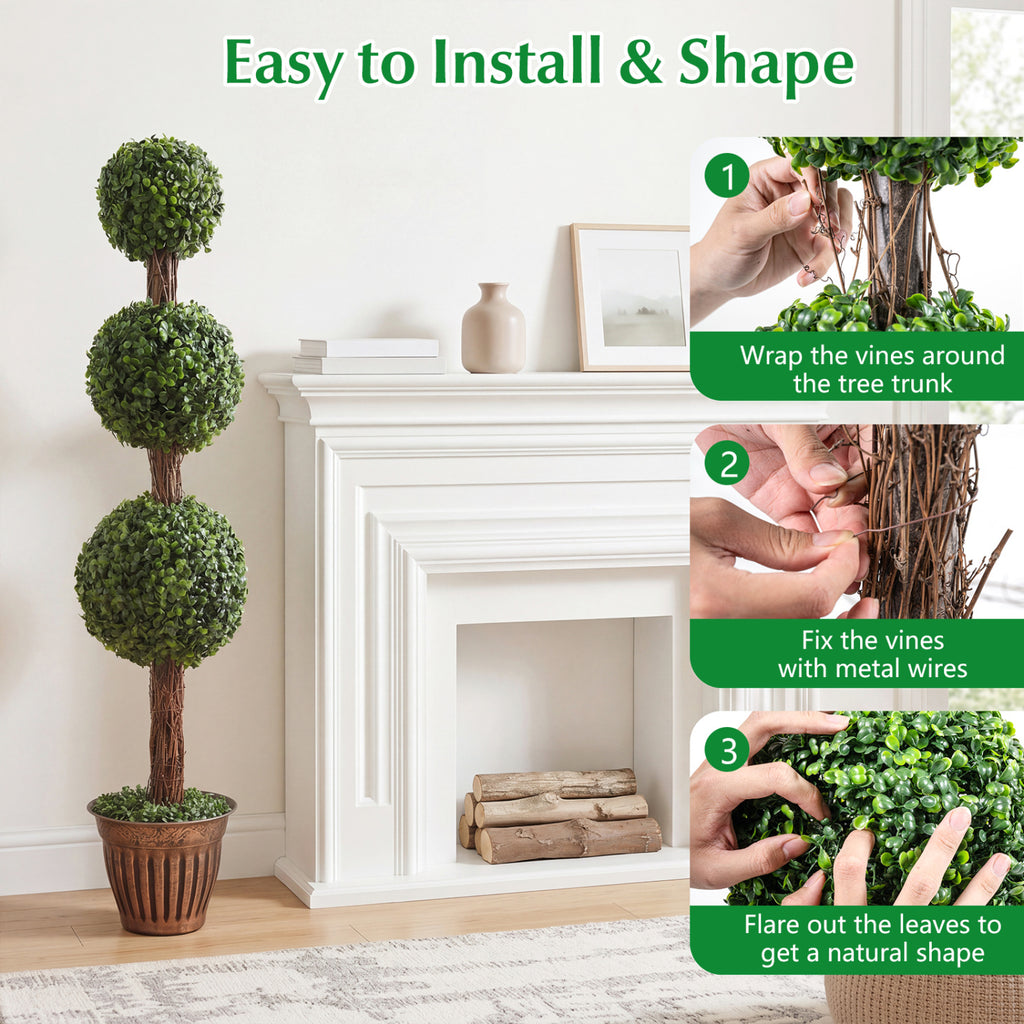 Artificial Triple Ball Boxwood Tree with Cement Planter - Green, 4 ft