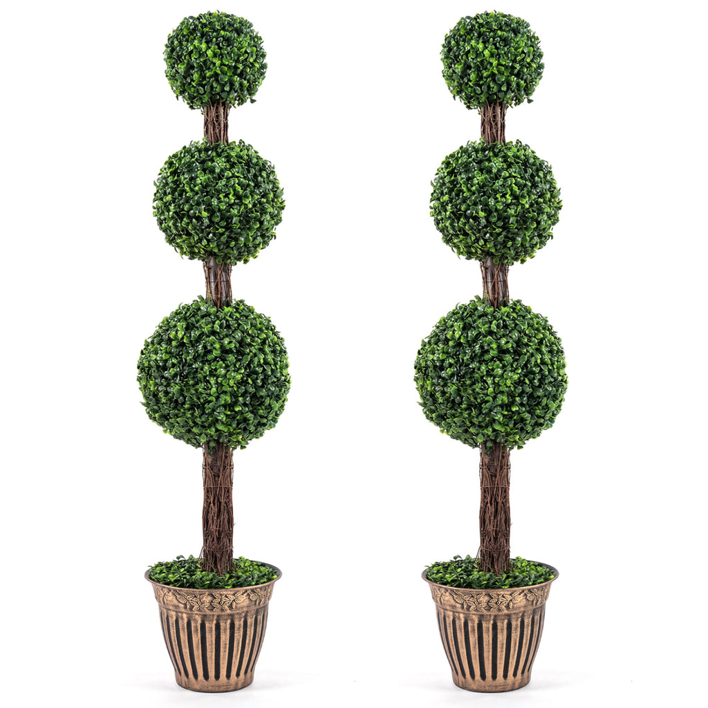 Artificial Triple Ball Boxwood Tree Set of 2 with Cement Planter - Green