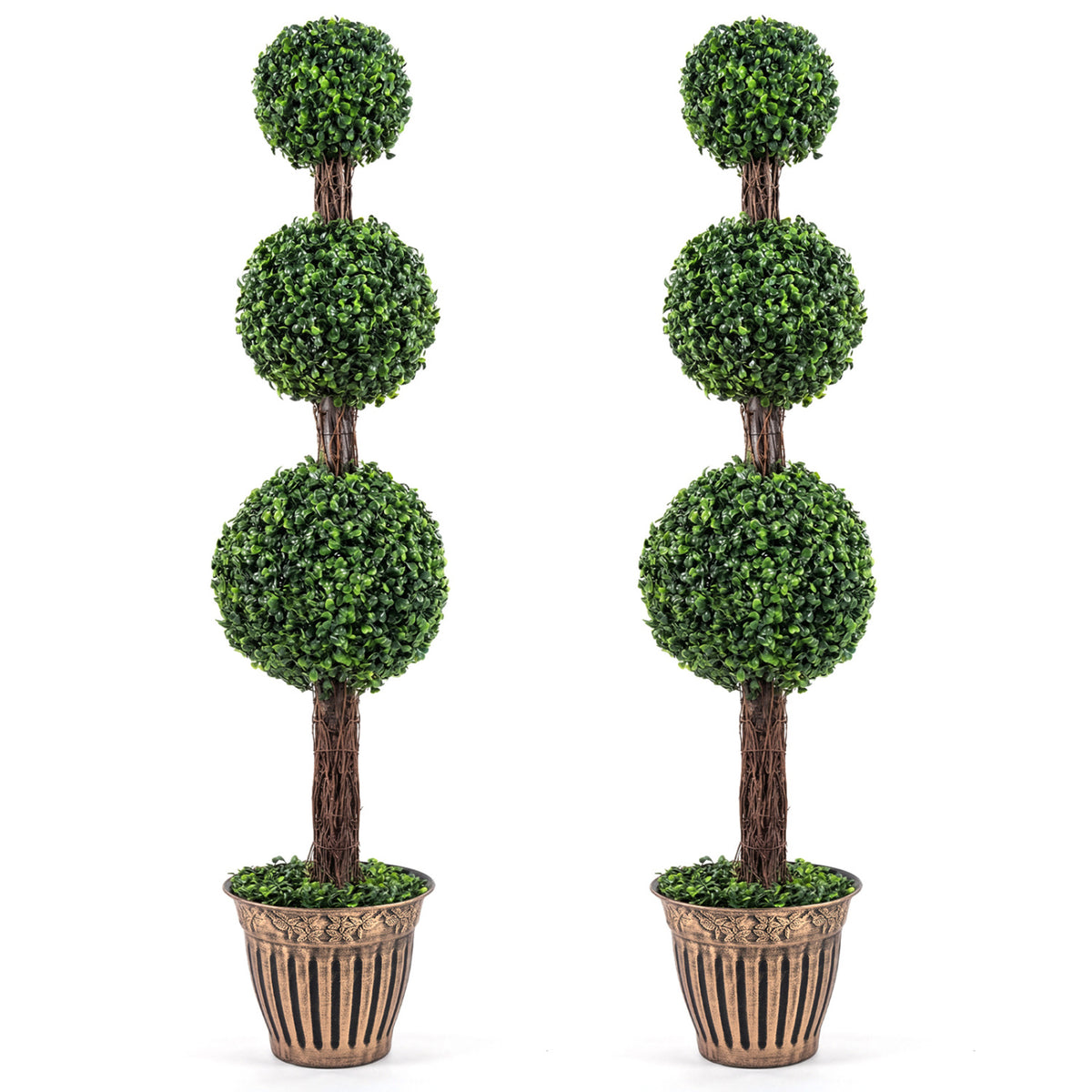Artificial Triple Ball Boxwood Tree Set of 2 with Cement Planter - Green