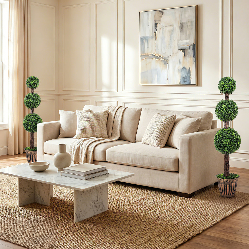 Artificial Triple Ball Boxwood Tree Set of 2 with Cement Planter - Green