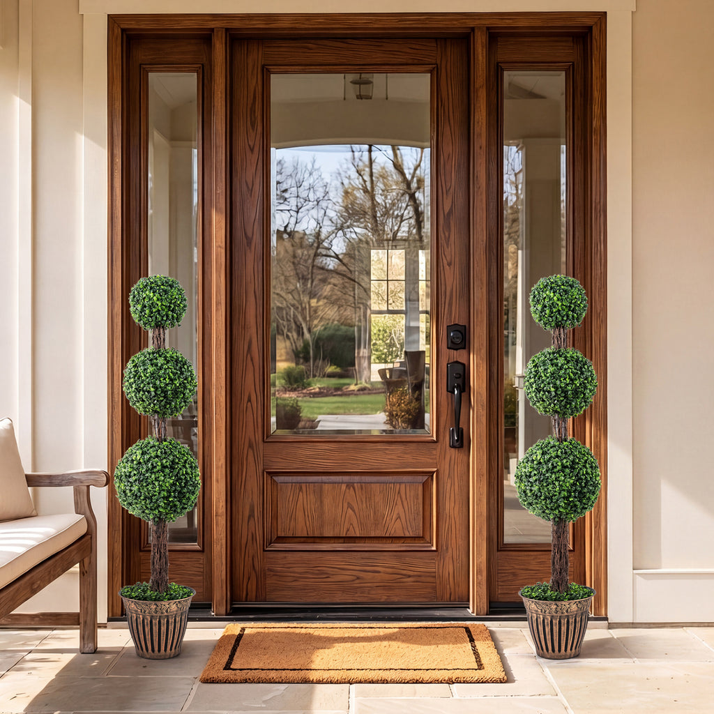 Artificial Triple Ball Boxwood Tree Set of 2 with Cement Planter - Green
