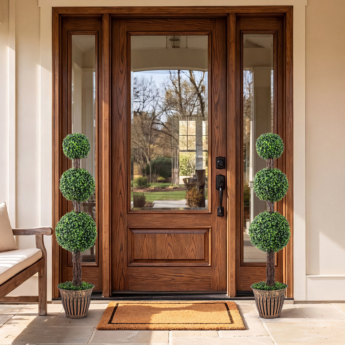 Artificial Triple Ball Boxwood Tree Set of 2 with Cement Planter - Green