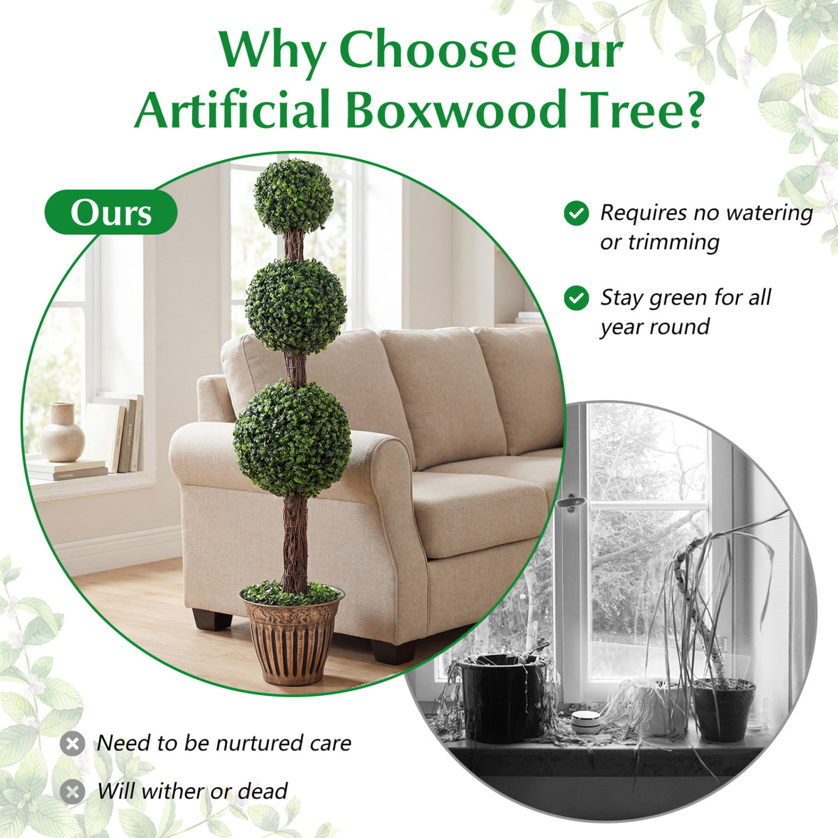 Artificial Triple Ball Boxwood Tree Set of 2 with Cement Planter - Green