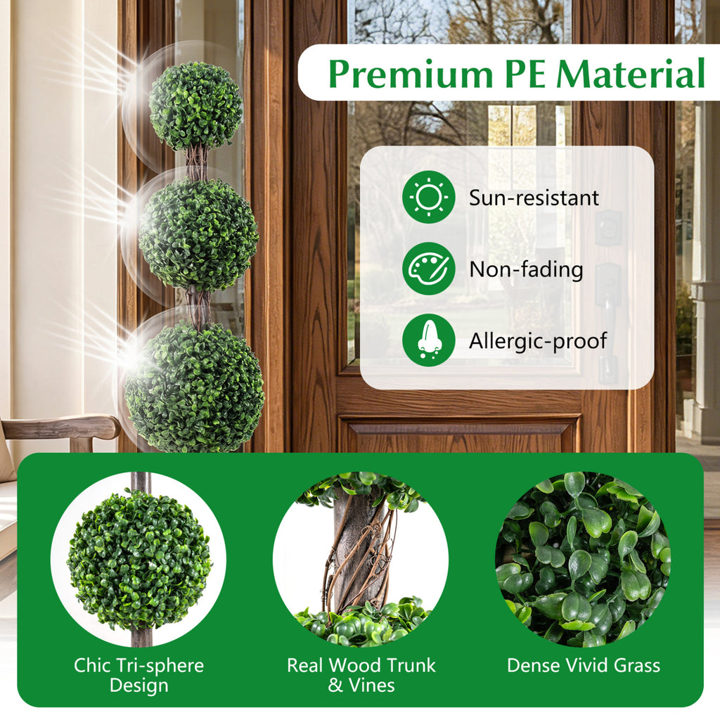 Artificial Triple Ball Boxwood Tree Set of 2 with Cement Planter - Green