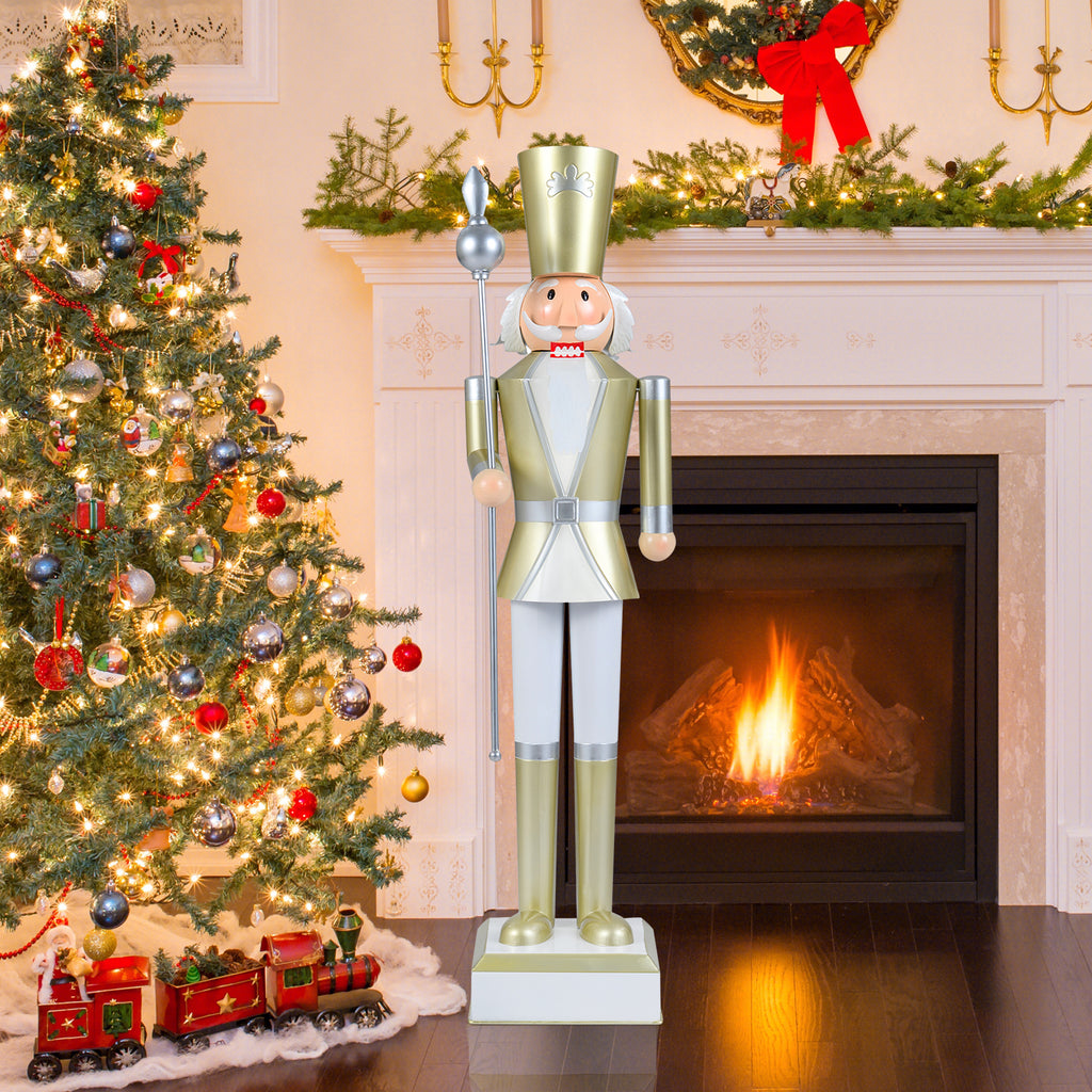 4 Ft Christmas Nutcracker with High Hat & Scepter - White & Gold Variation