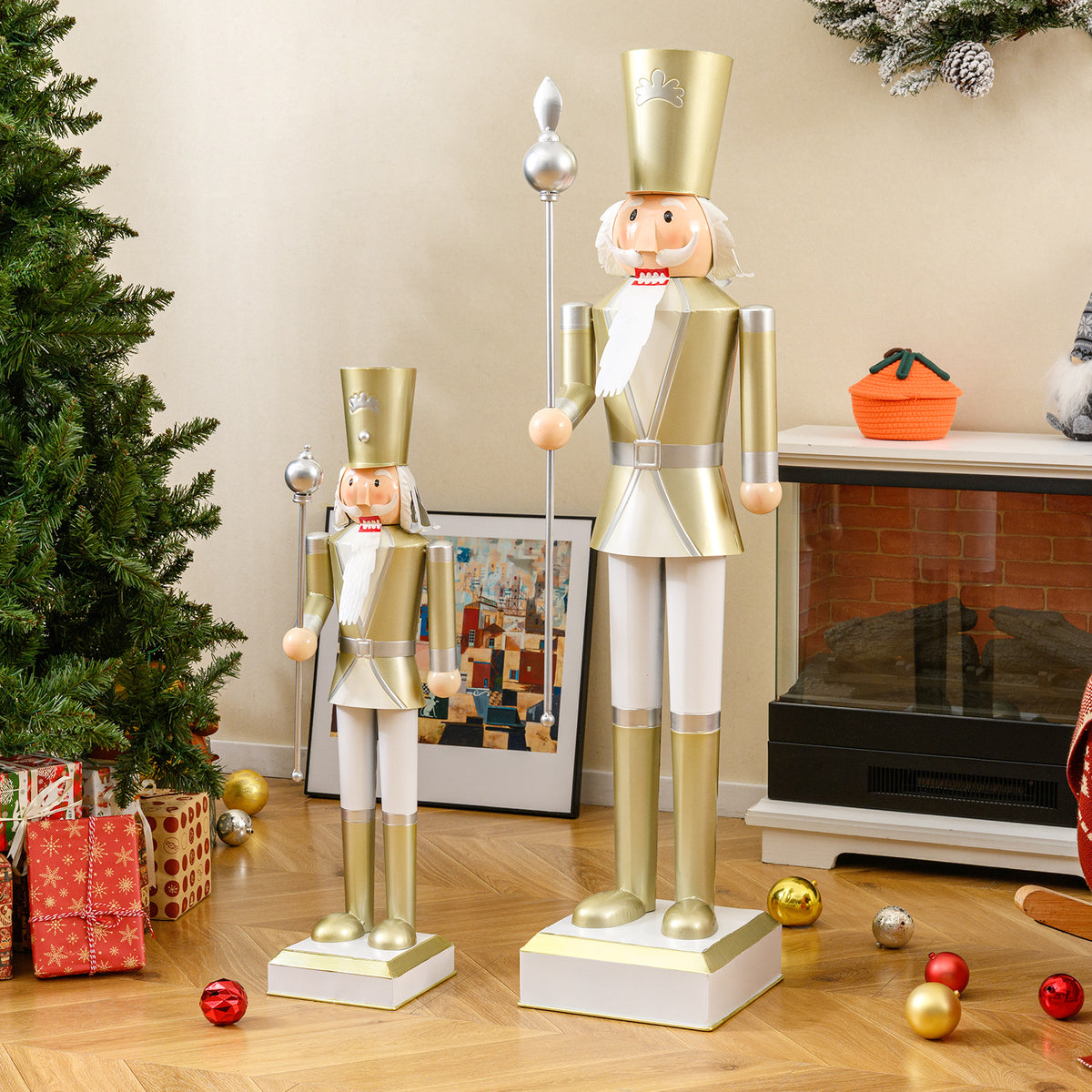 4 Ft Christmas Nutcracker with High Hat & Scepter - White & Gold Variation
