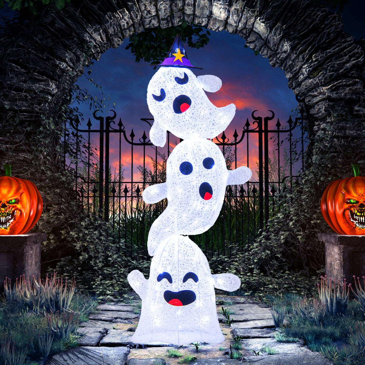 4 Ft Lighted Standing Halloween Ghost Decoration with 120 LED Lights - Outdoor Friendly, Windproof & Rainproof - Variations Include 4 Feet Stacked Ghosts
