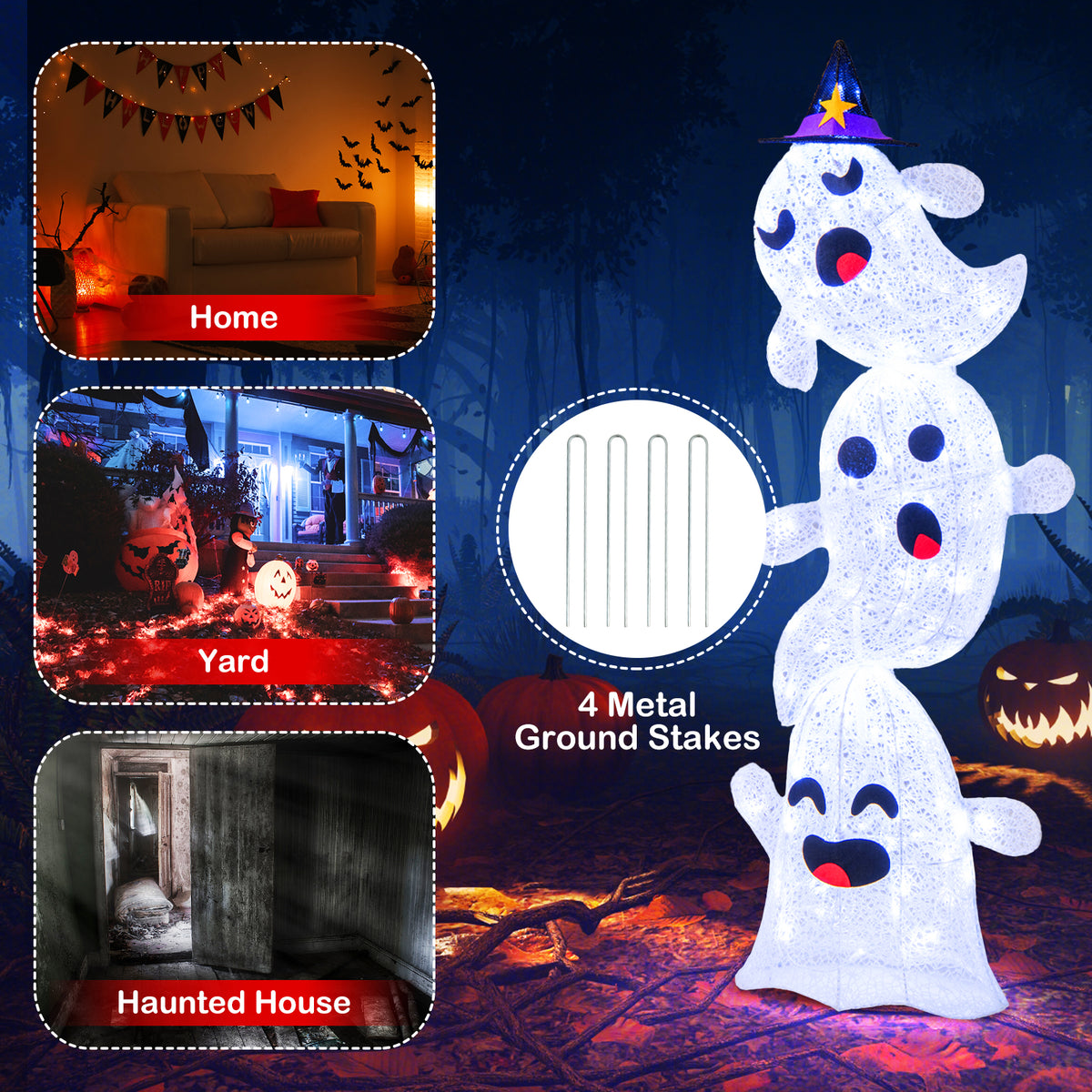 4 Ft Lighted Standing Halloween Ghost Decoration with 120 LED Lights - Outdoor Friendly, Windproof & Rainproof - Variations Include 4 Feet Stacked Ghosts