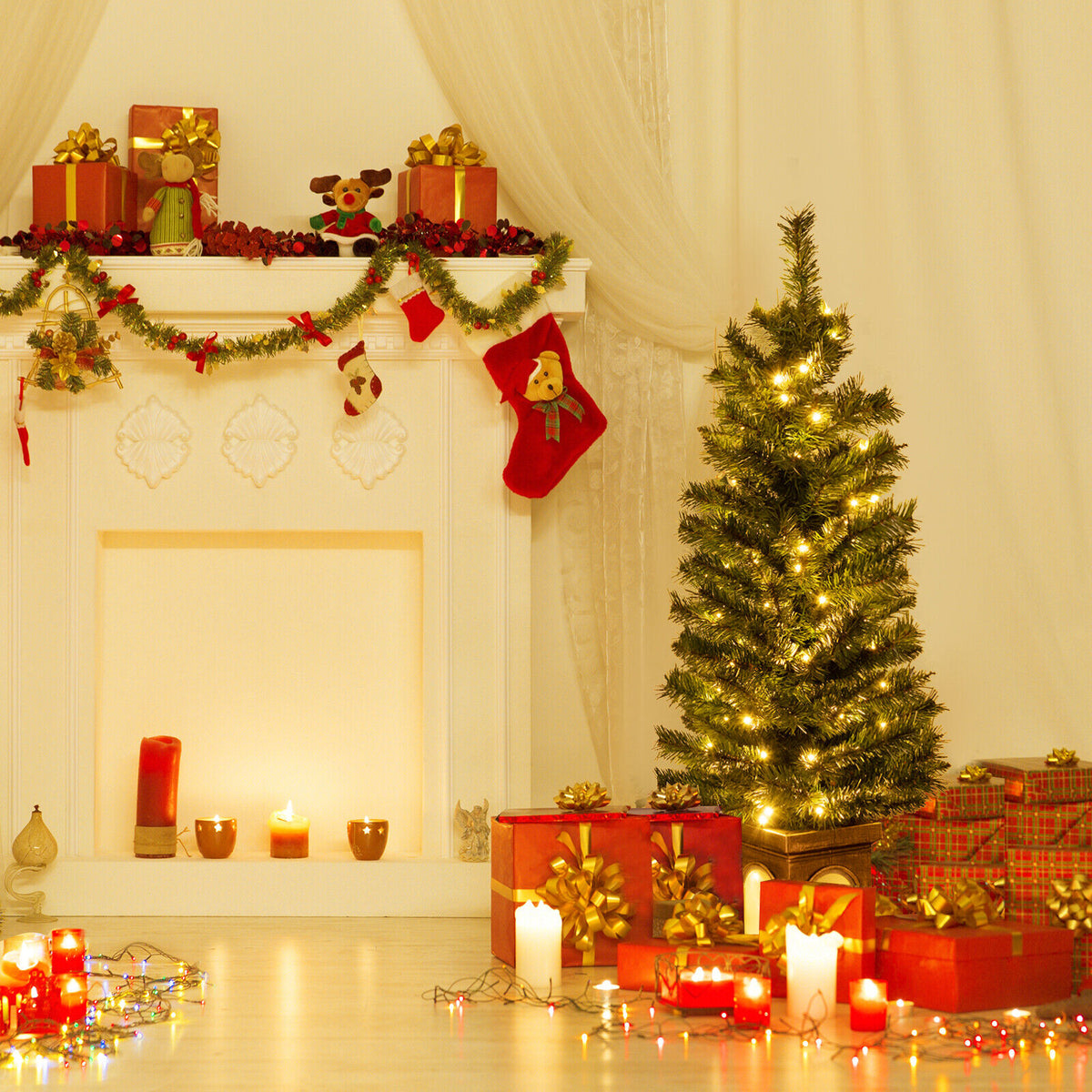 Pre-Lit Potted Christmas Tree with LED Lights and Antique Urn Base