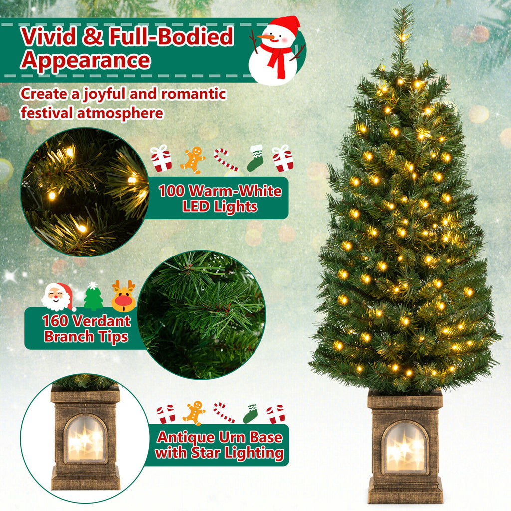 Pre-Lit Potted Christmas Tree with LED Lights and Antique Urn Base