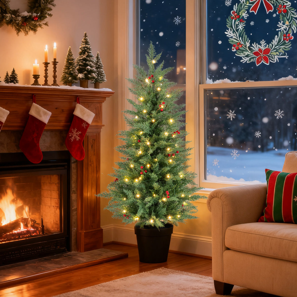 Pre-lit Christmas Tree Set with 70 Warm White LED Lights - 2 Pack, 4FT