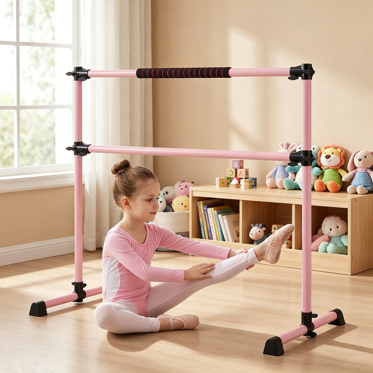 4 Feet Portable Ballet Barre with Adjustable Height - Pink, Lightweight & Stable