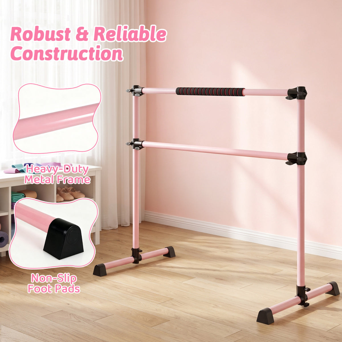4 Feet Portable Ballet Barre with Adjustable Height - Pink, Lightweight & Stable