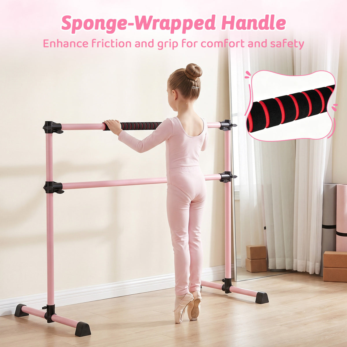 4 Feet Portable Ballet Barre with Adjustable Height - Pink, Lightweight & Stable