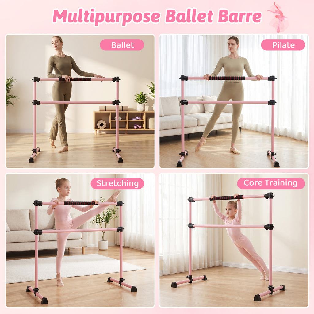 4 Feet Portable Ballet Barre with Adjustable Height - Pink, Lightweight & Stable