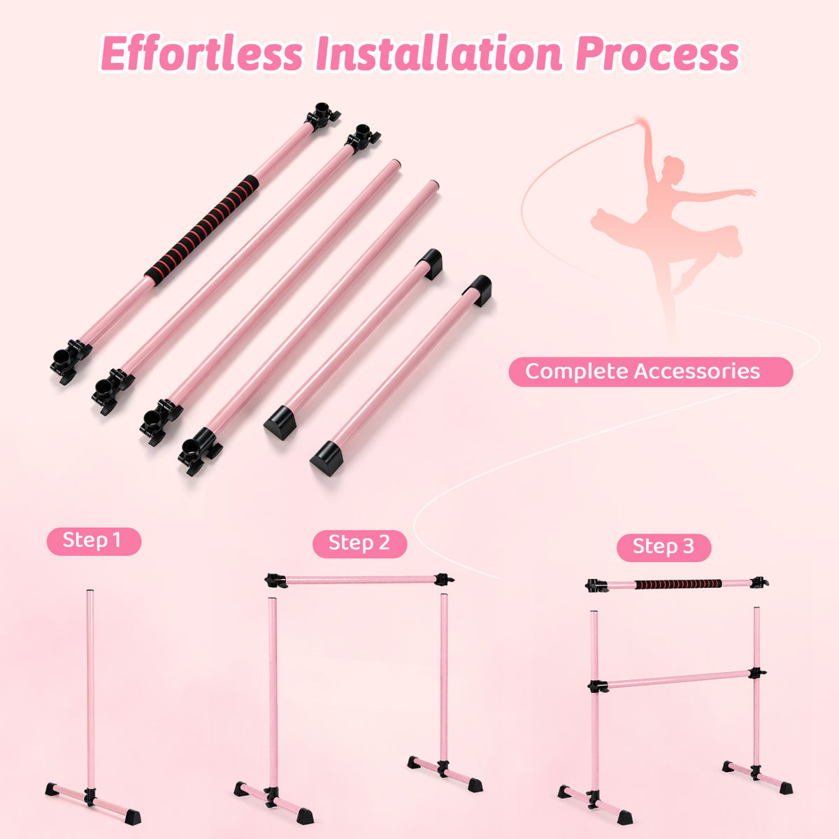 4 Feet Portable Ballet Barre with Adjustable Height - Pink, Lightweight & Stable