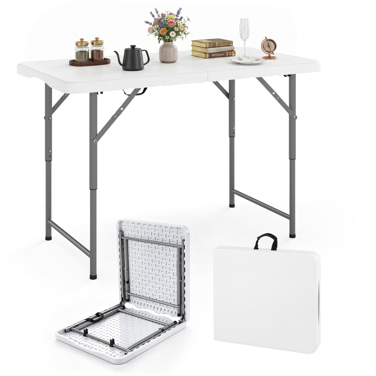 4 ft Portable Camping Table with Adjustable Height - White
