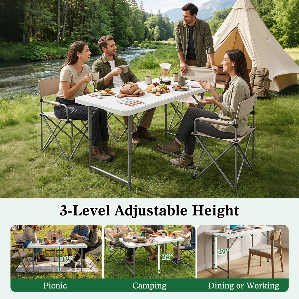 4 ft Portable Camping Table with Adjustable Height - White
