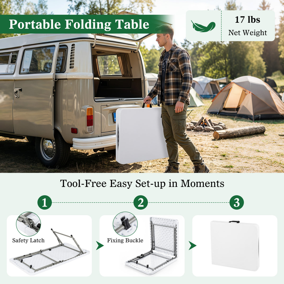 4 ft Portable Camping Table with Adjustable Height - White