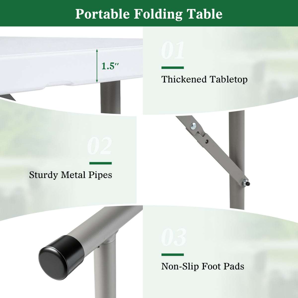 4 ft Portable Camping Table with Adjustable Height - White