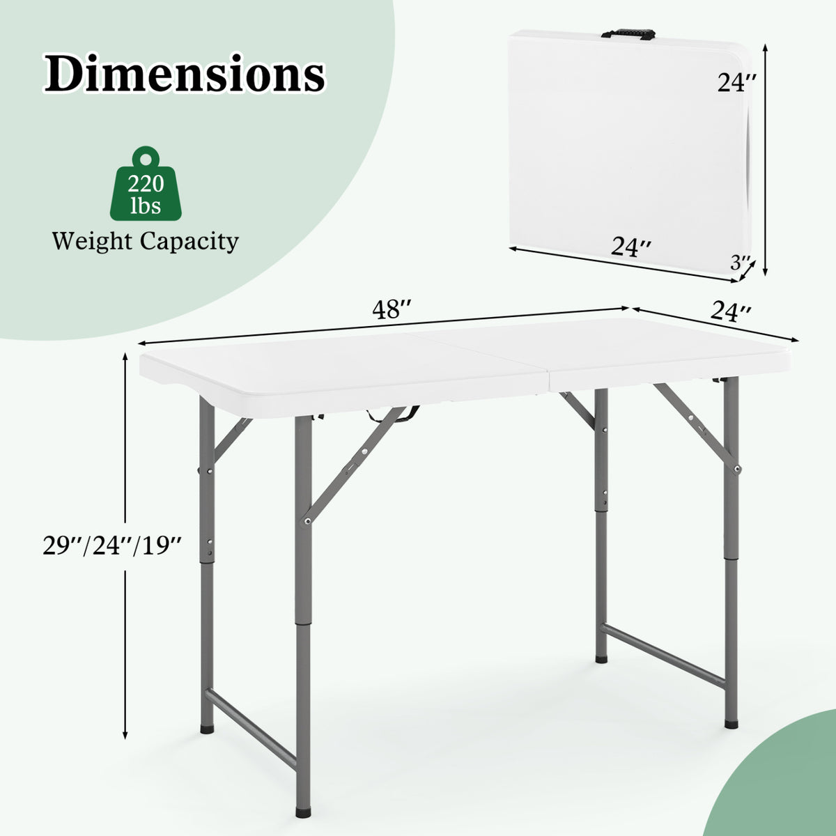 4 ft Portable Camping Table with Adjustable Height - White