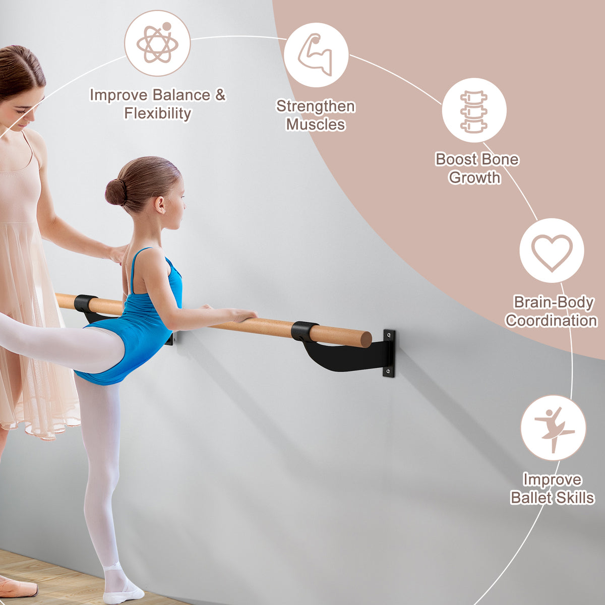 4 Feet Wall-Mounted Ballet Barre for Yoga and Dance - Black Variation