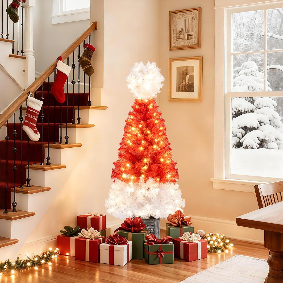 1-Piece 4 Ft Artificial Christmas Tree with LED Lights, Santa Hat Design