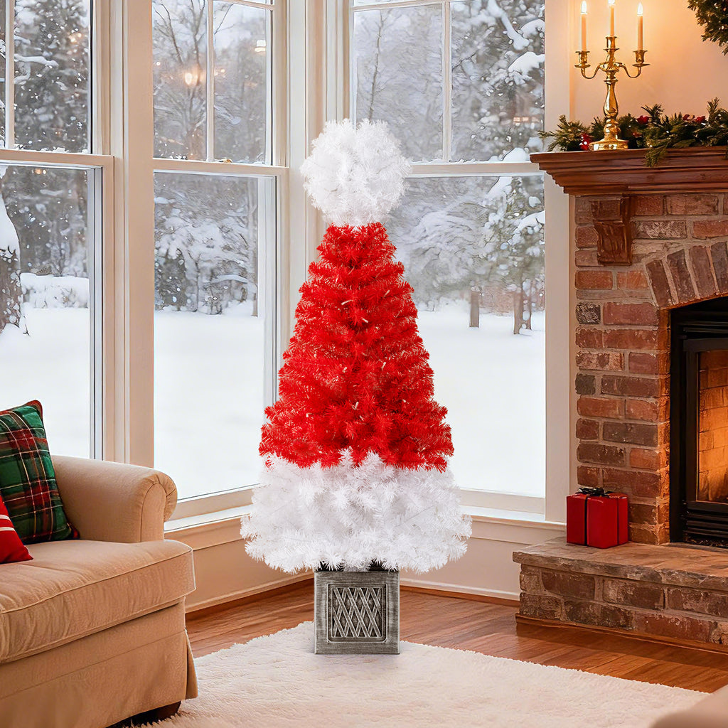 1-Piece 4 Ft Artificial Christmas Tree with LED Lights, Santa Hat Design