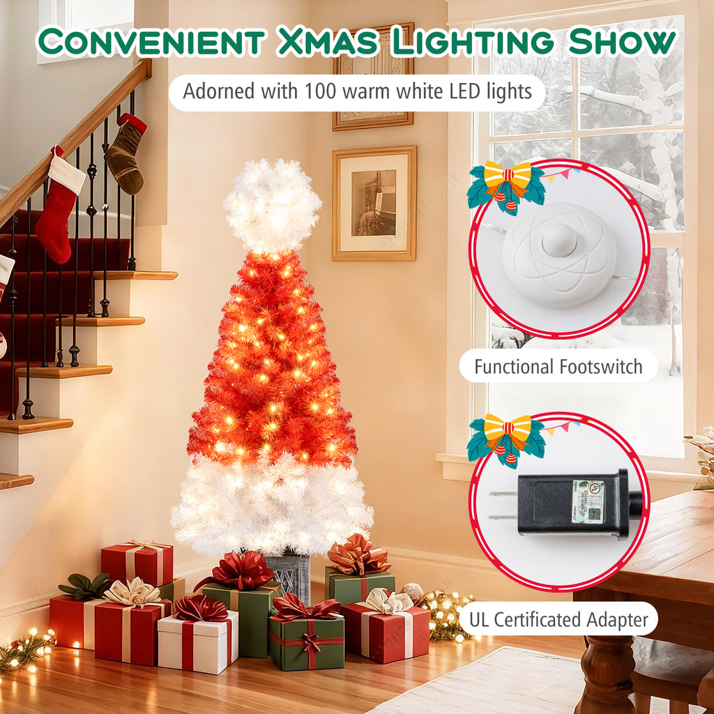 1-Piece 4 Ft Artificial Christmas Tree with LED Lights, Santa Hat Design