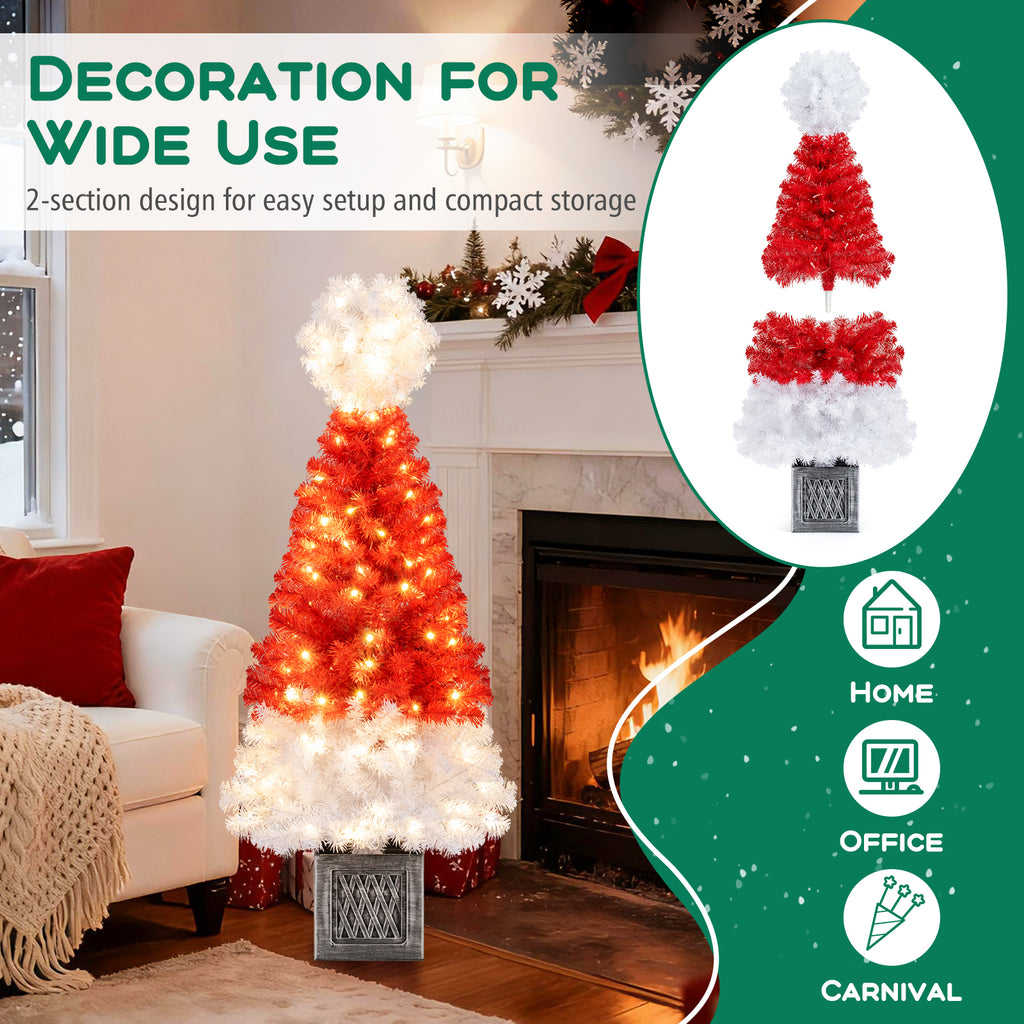 1-Piece 4 Ft Artificial Christmas Tree with LED Lights, Santa Hat Design