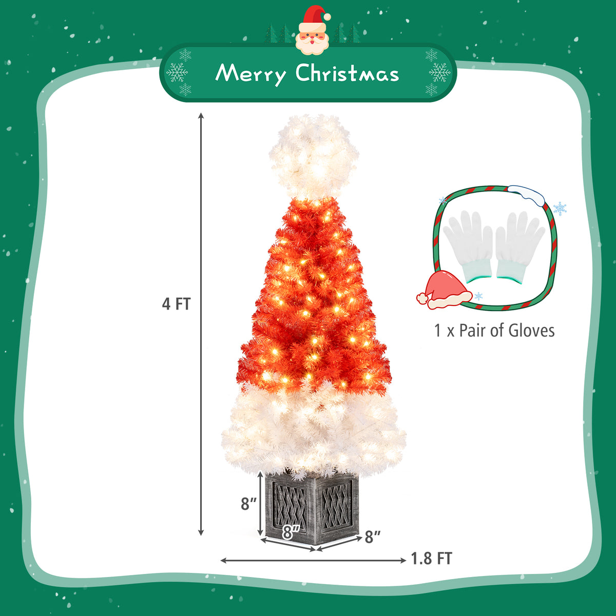 1-Piece 4 Ft Artificial Christmas Tree with LED Lights, Santa Hat Design