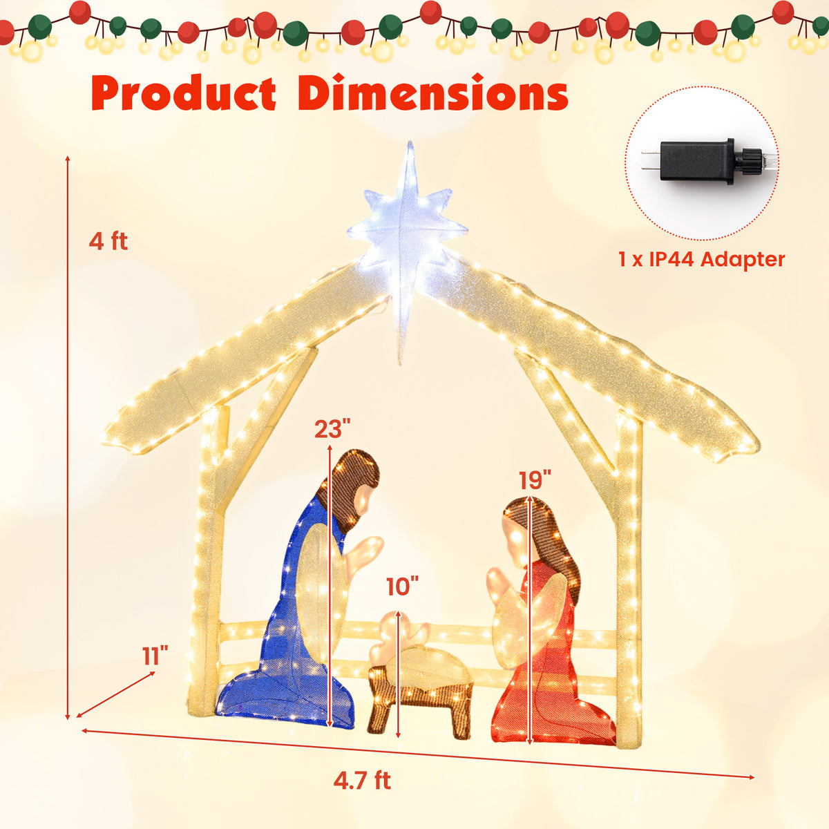 Pre-lit Christmas Nativity Scene Holy Family Set - 4 Ft Lighted Outdoor Indoor