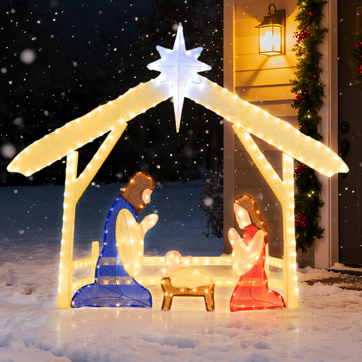 Pre-lit Christmas Nativity Scene Holy Family Set - 4 Ft Lighted Outdoor Indoor