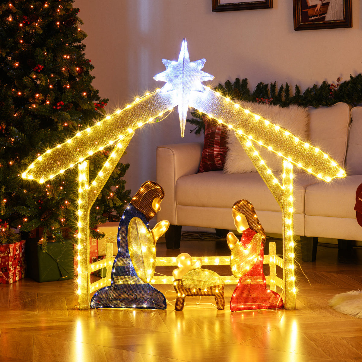Pre-lit Christmas Nativity Scene Holy Family Set - 4 Ft Lighted Outdoor Indoor