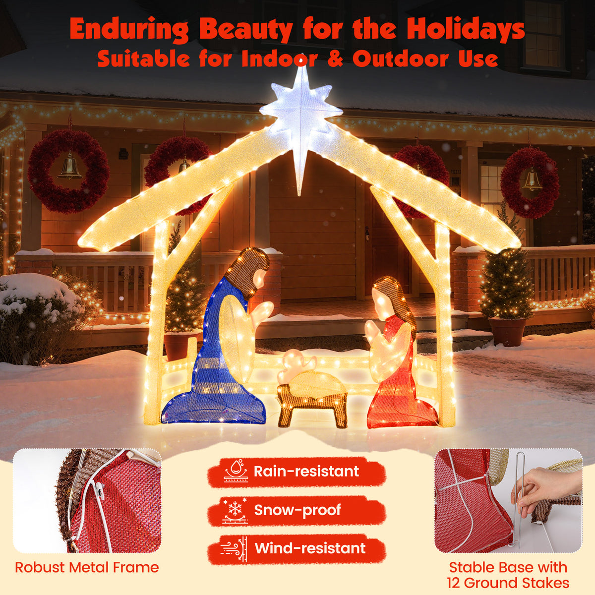 Pre-lit Christmas Nativity Scene Holy Family Set - 4 Ft Lighted Outdoor Indoor
