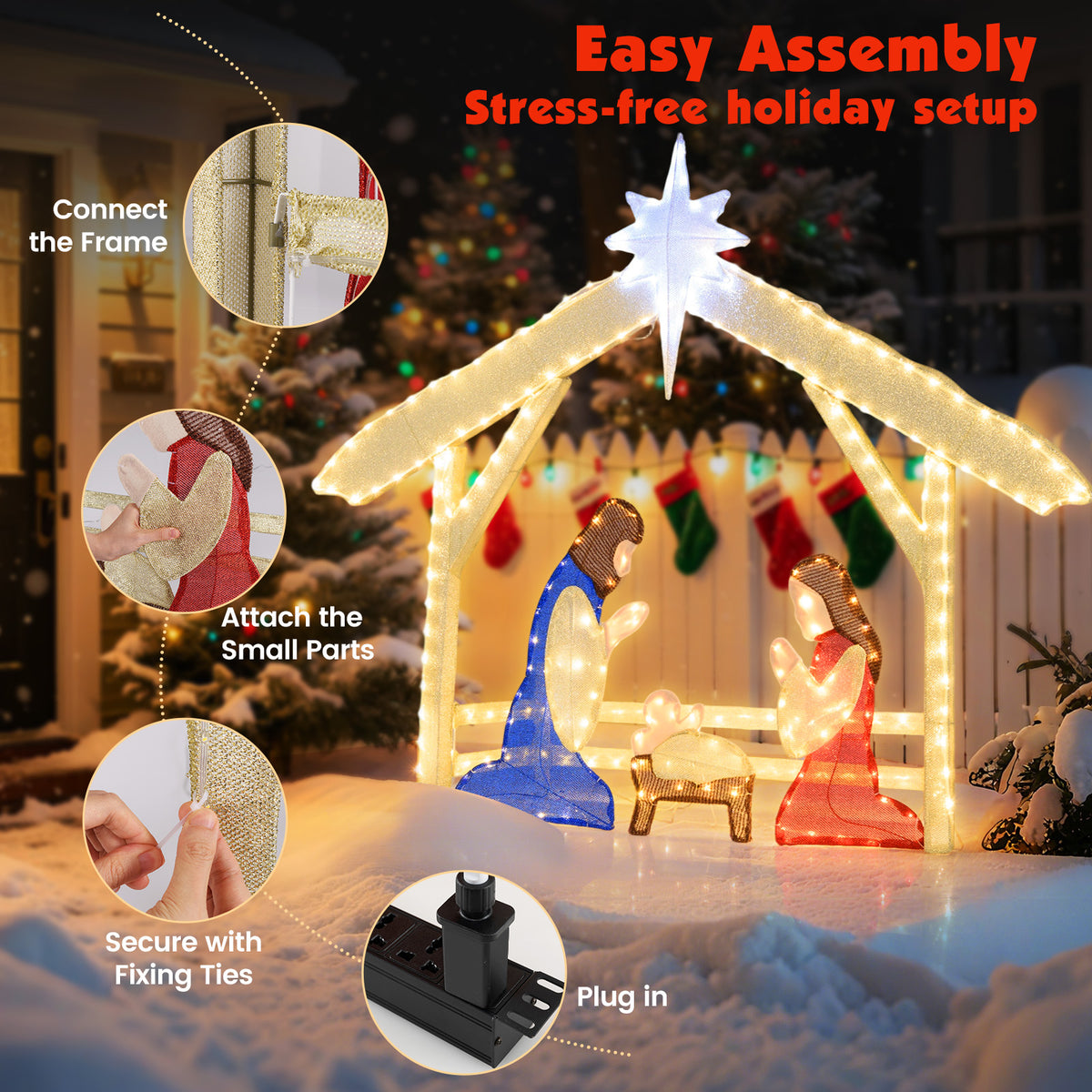 Pre-lit Christmas Nativity Scene Holy Family Set - 4 Ft Lighted Outdoor Indoor
