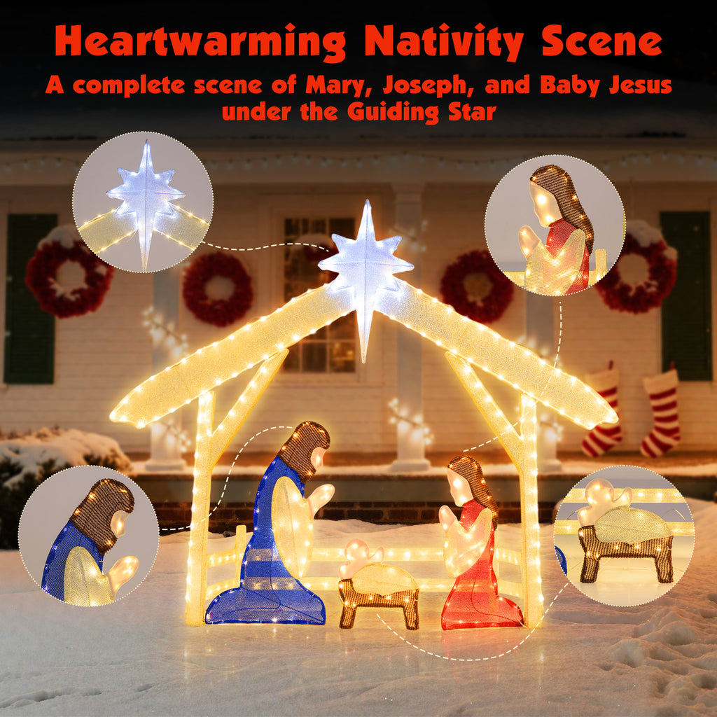 Pre-lit Christmas Nativity Scene Holy Family Set - 4 Ft Lighted Outdoor Indoor
