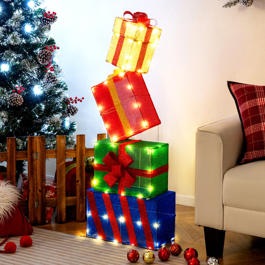 Set of 4 Stackable Christmas Gift Boxes with Bows - Holiday Decor