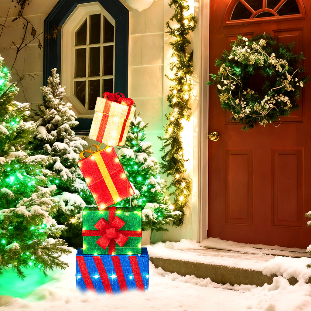Set of 4 Stackable Christmas Gift Boxes with Bows - Holiday Decor
